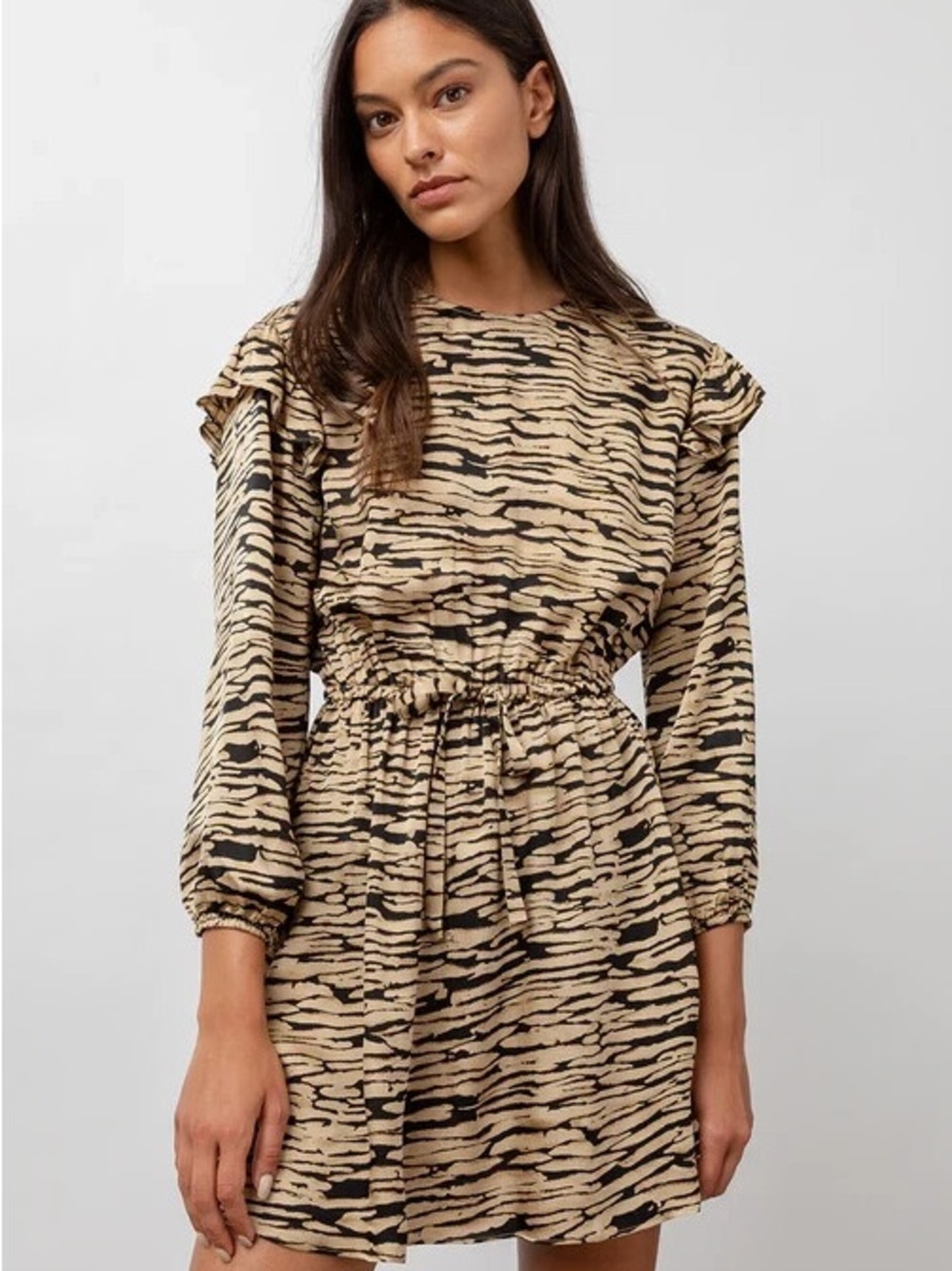 RAILS Ora Mini Dress in Beige and Black Canyon  Zebra with Ruffles Size Small